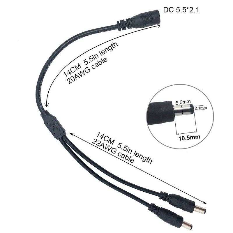 Litever Power Splitter, 2 Way, 1 Female Jack to 2 Male Plugs, 5.5mm x 2.1mm, 1:2, Y Adaptor Copper Cable, for CCTV Camera & LED Strip Lighting Power Supply Connector - Image 2